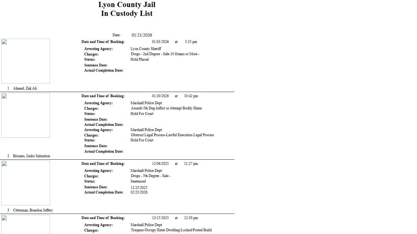 In Custody List - Lyon County Jail